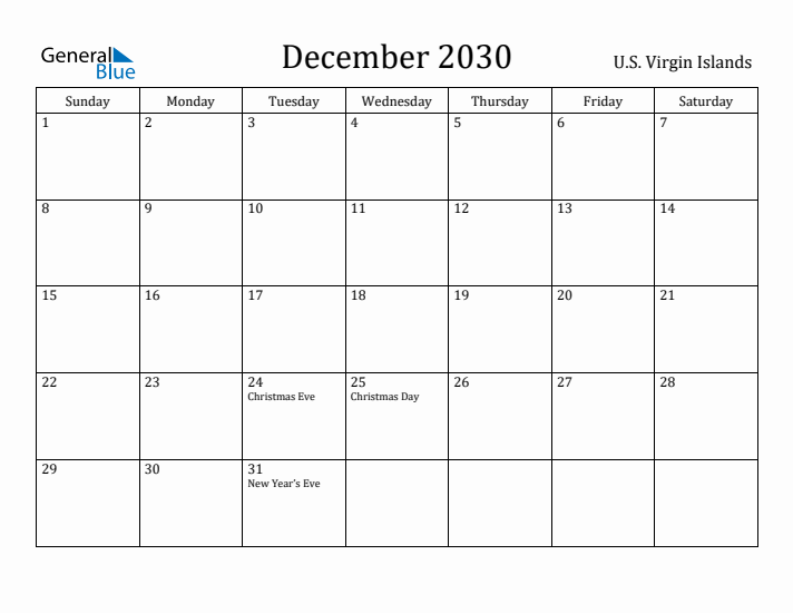 December 2030 Calendar U.S. Virgin Islands