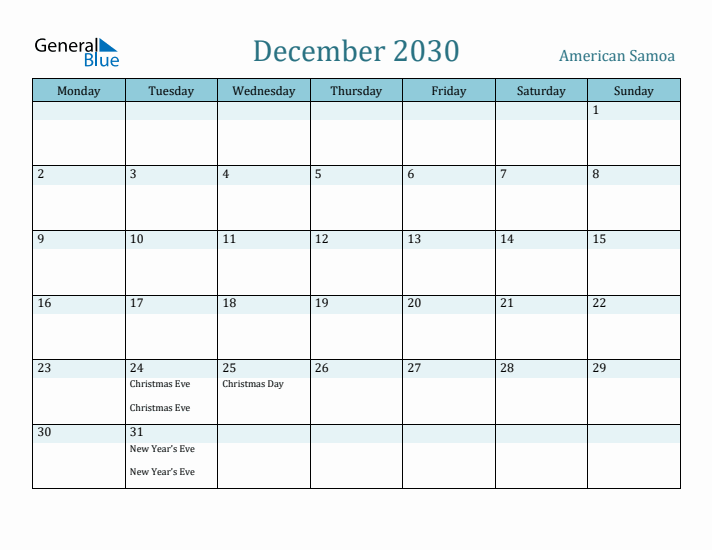 December 2030 Calendar with Holidays