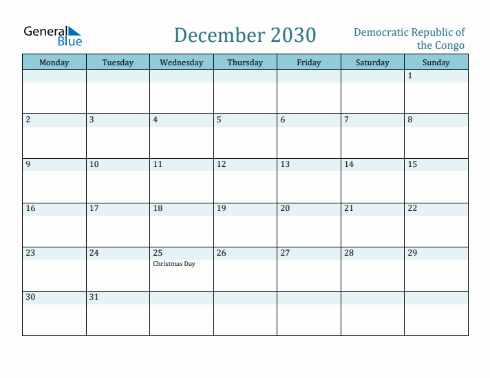 December 2030 Calendar with Holidays