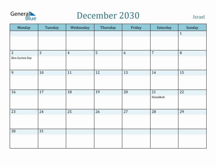 December 2030 Calendar with Holidays