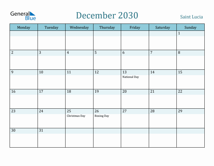 December 2030 Calendar with Holidays