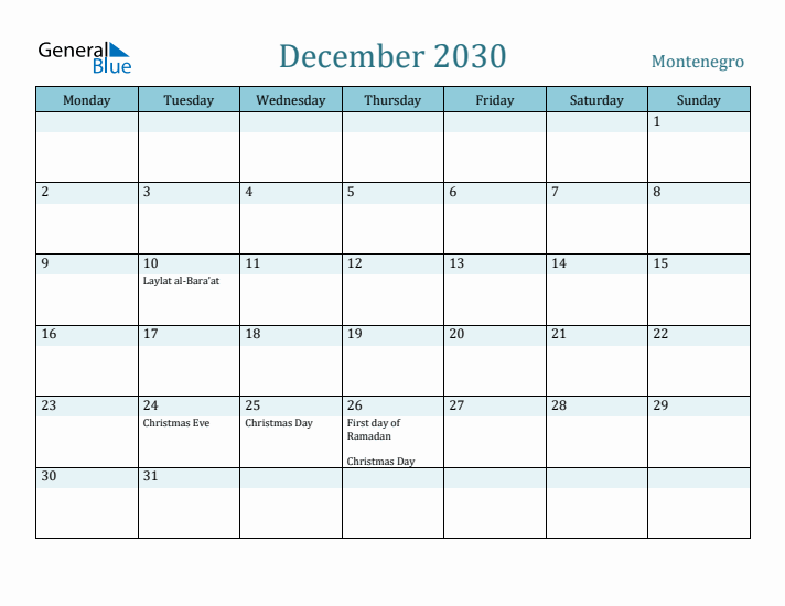 December 2030 Calendar with Holidays