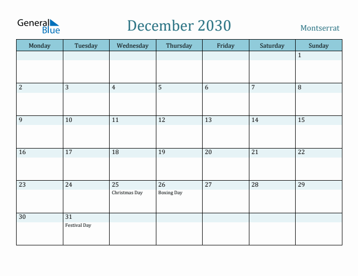 December 2030 Calendar with Holidays