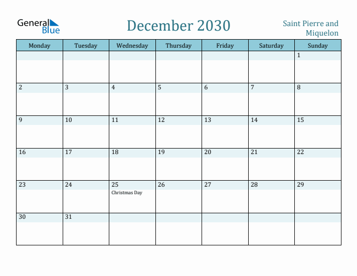 December 2030 Calendar with Holidays