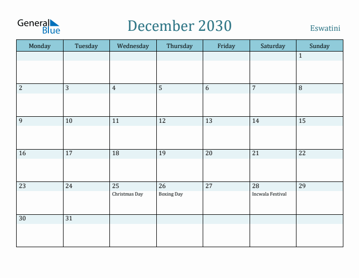 December 2030 Calendar with Holidays