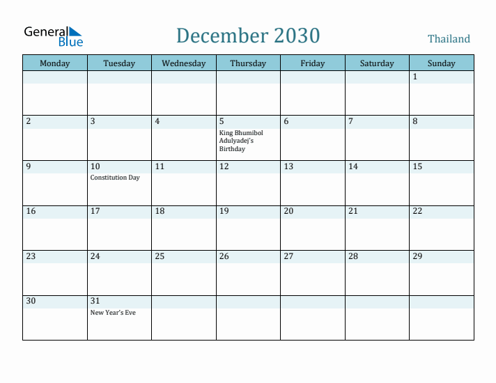 December 2030 Calendar with Holidays