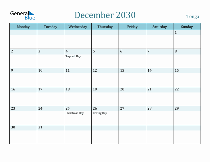 December 2030 Calendar with Holidays