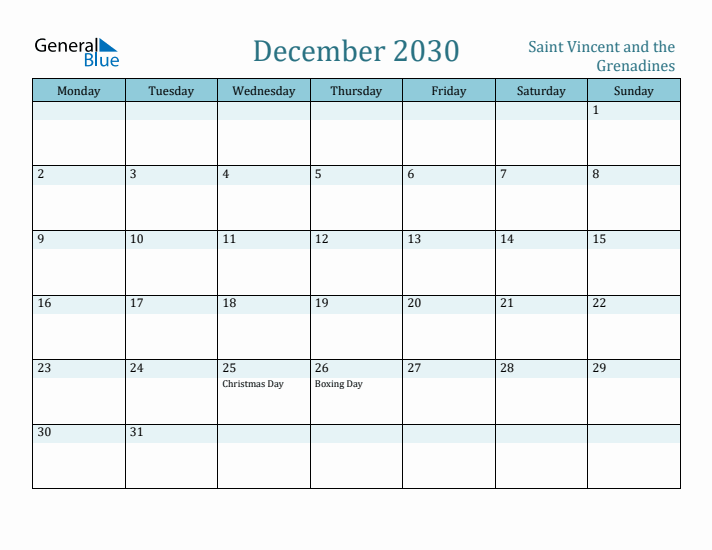 December 2030 Calendar with Holidays