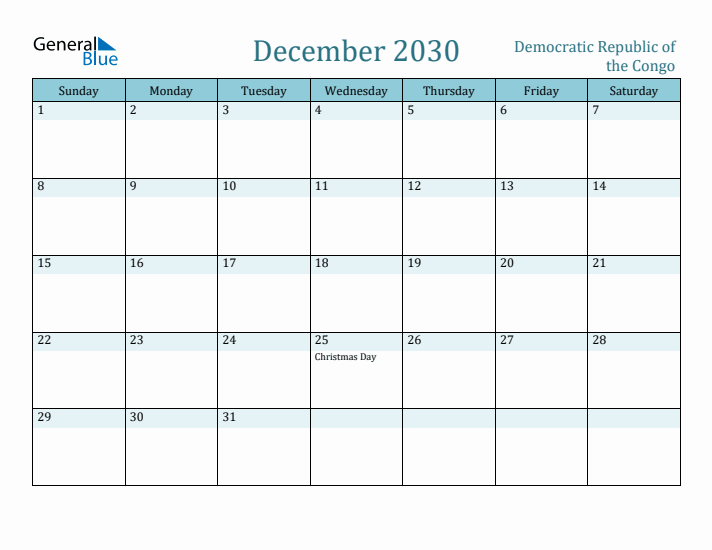 December 2030 Calendar with Holidays