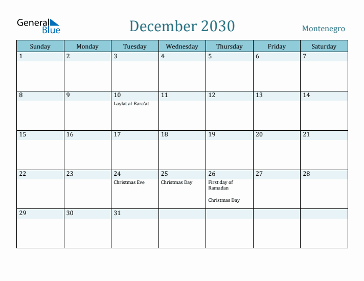 December 2030 Calendar with Holidays