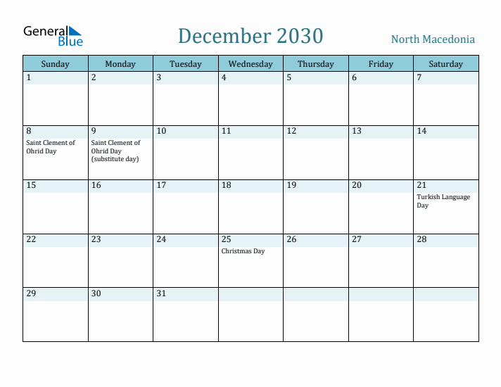 December 2030 Calendar with Holidays