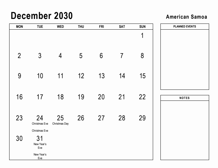 December 2030 Printable Monthly Calendar with American Samoa Holidays