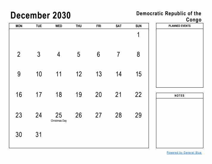 December 2030 Printable Monthly Calendar with Democratic Republic of the Congo Holidays