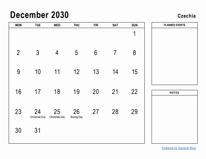 December 2030 Printable Monthly Calendar with Czechia Holidays