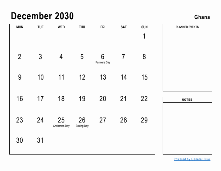 December 2030 Printable Monthly Calendar with Ghana Holidays