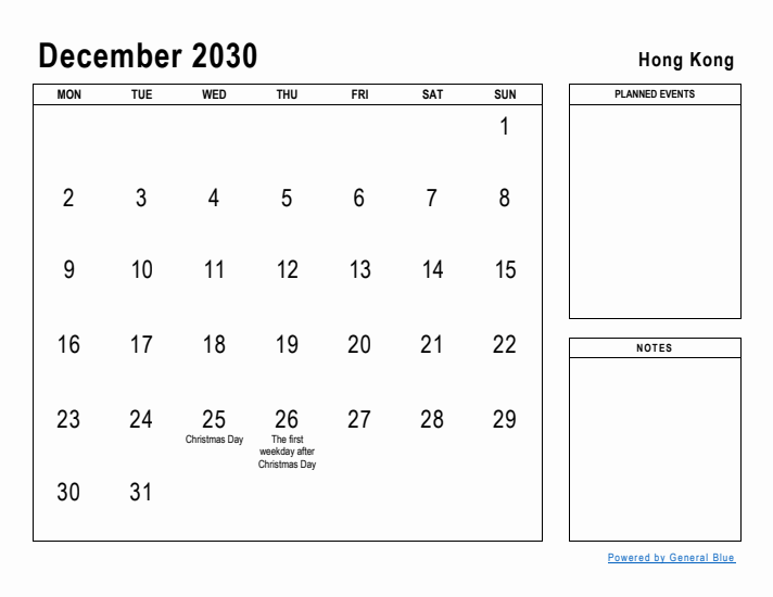 December 2030 Printable Monthly Calendar with Hong Kong Holidays