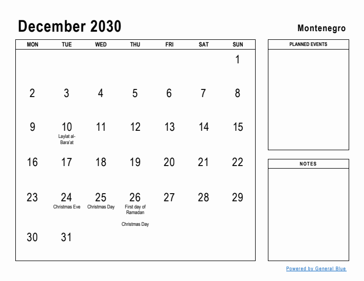 December 2030 Printable Monthly Calendar with Montenegro Holidays