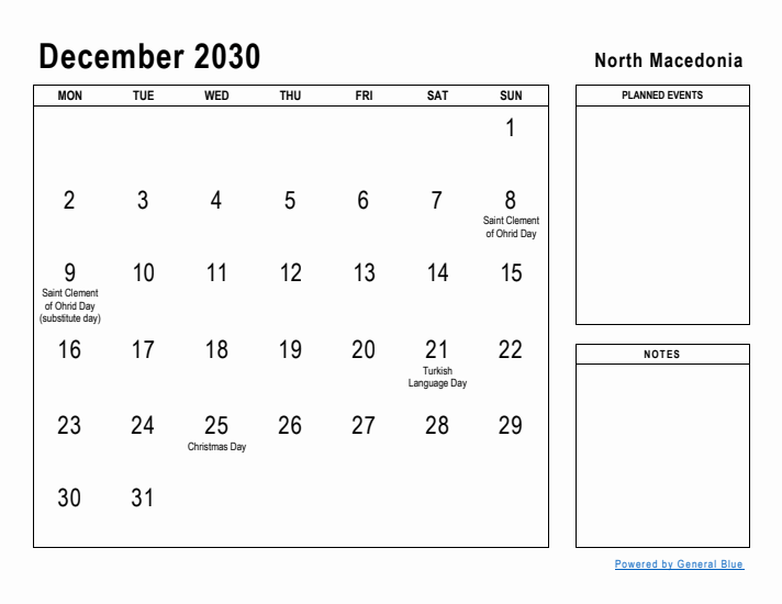 December 2030 Printable Monthly Calendar with North Macedonia Holidays