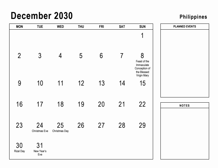 December 2030 Printable Monthly Calendar with Philippines Holidays