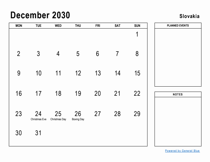 December 2030 Printable Monthly Calendar with Slovakia Holidays