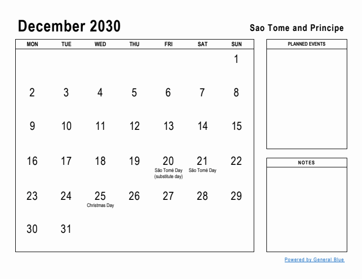 December 2030 Printable Monthly Calendar with Sao Tome and Principe Holidays