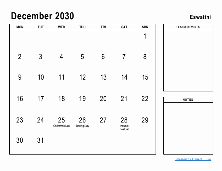 December 2030 Printable Monthly Calendar with Eswatini Holidays