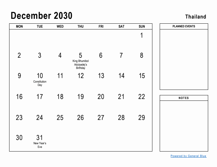 December 2030 Printable Monthly Calendar with Thailand Holidays
