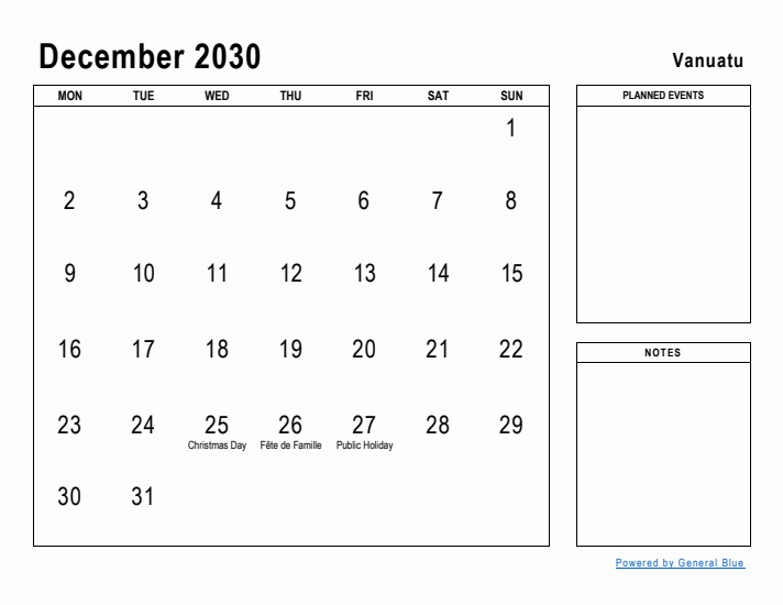 December 2030 Printable Monthly Calendar with Vanuatu Holidays