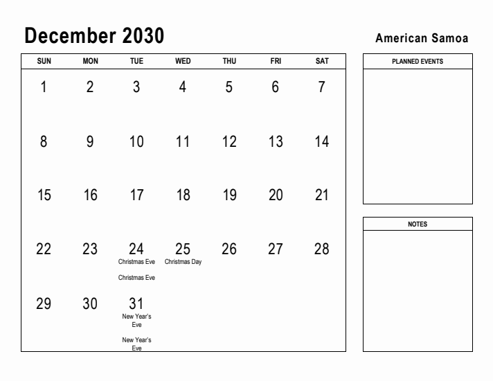 December 2030 Printable Monthly Calendar with American Samoa Holidays