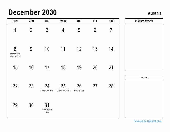 December 2030 Printable Monthly Calendar with Austria Holidays