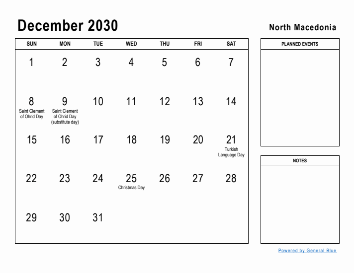 December 2030 Printable Monthly Calendar with North Macedonia Holidays