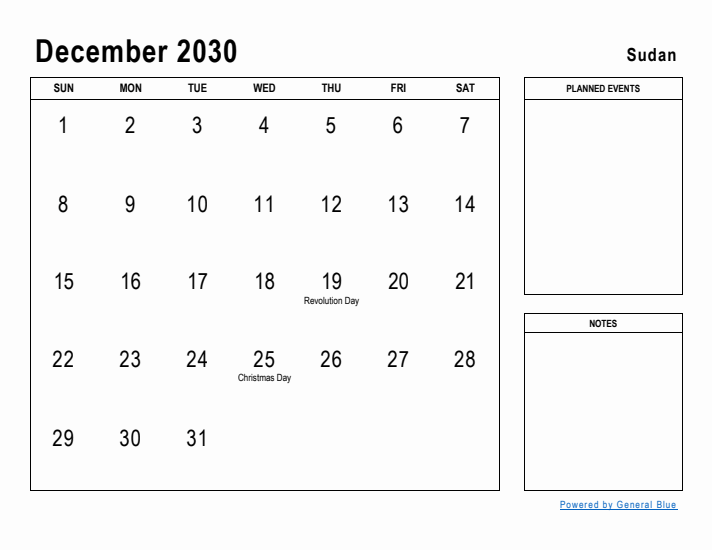 December 2030 Printable Monthly Calendar with Sudan Holidays