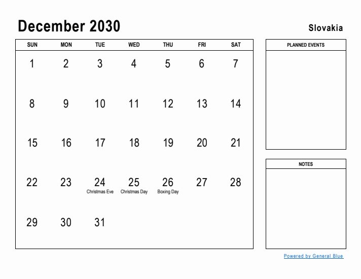 December 2030 Printable Monthly Calendar with Slovakia Holidays