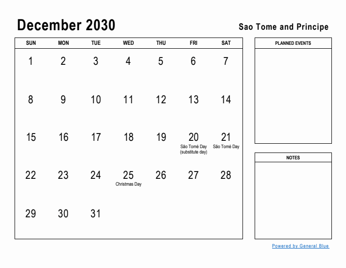 December 2030 Printable Monthly Calendar with Sao Tome and Principe Holidays