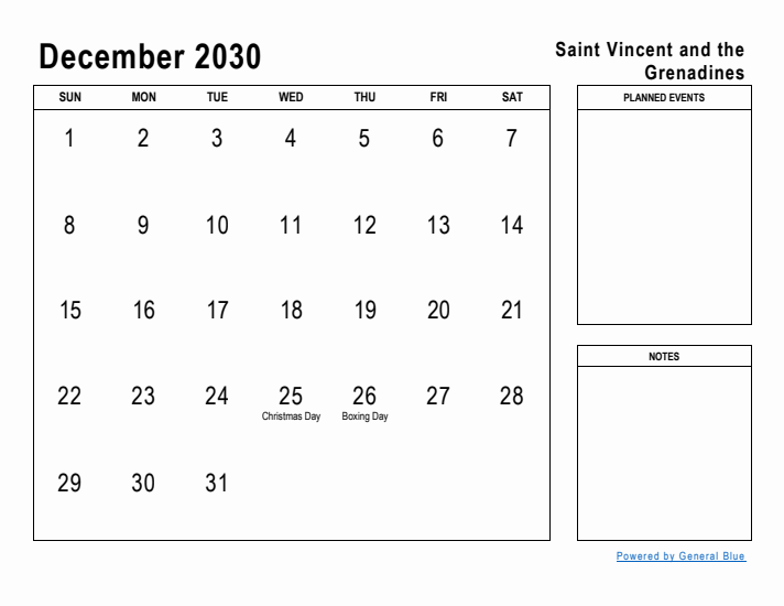 December 2030 Printable Monthly Calendar with Saint Vincent and the Grenadines Holidays