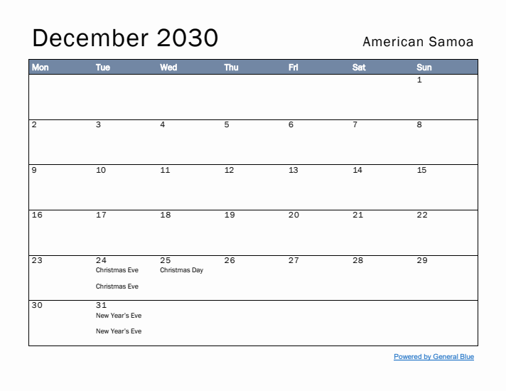 December 2030 Simple Monthly Calendar for American Samoa