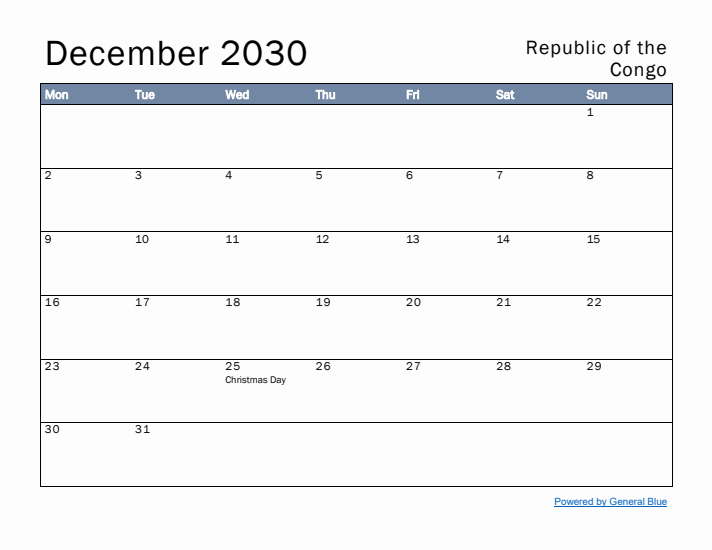 December 2030 Simple Monthly Calendar for Republic of the Congo