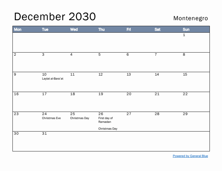 December 2030 Simple Monthly Calendar for Montenegro