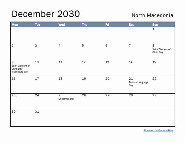 December 2030 Simple Monthly Calendar for North Macedonia