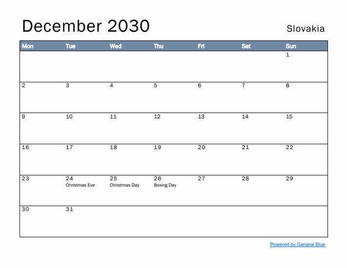 December 2030 Simple Monthly Calendar for Slovakia