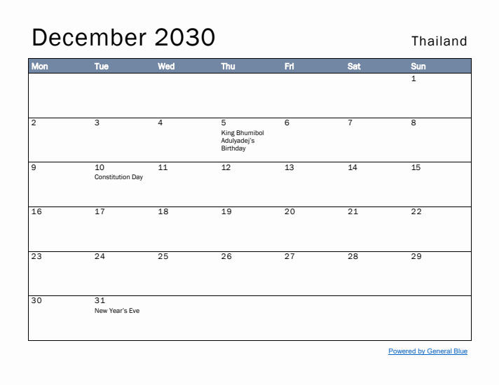 December 2030 Simple Monthly Calendar for Thailand