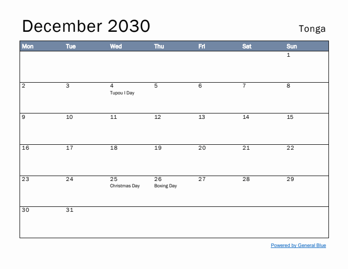 December 2030 Simple Monthly Calendar for Tonga