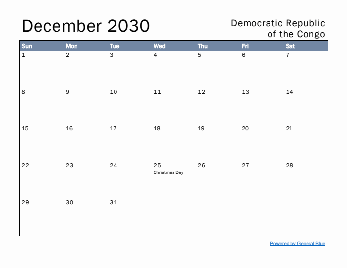 December 2030 Simple Monthly Calendar for Democratic Republic of the Congo
