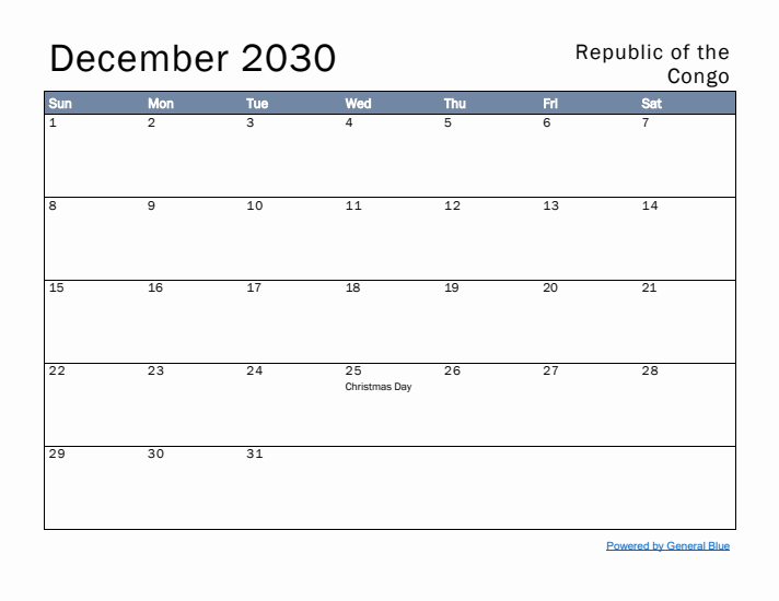 December 2030 Simple Monthly Calendar for Republic of the Congo
