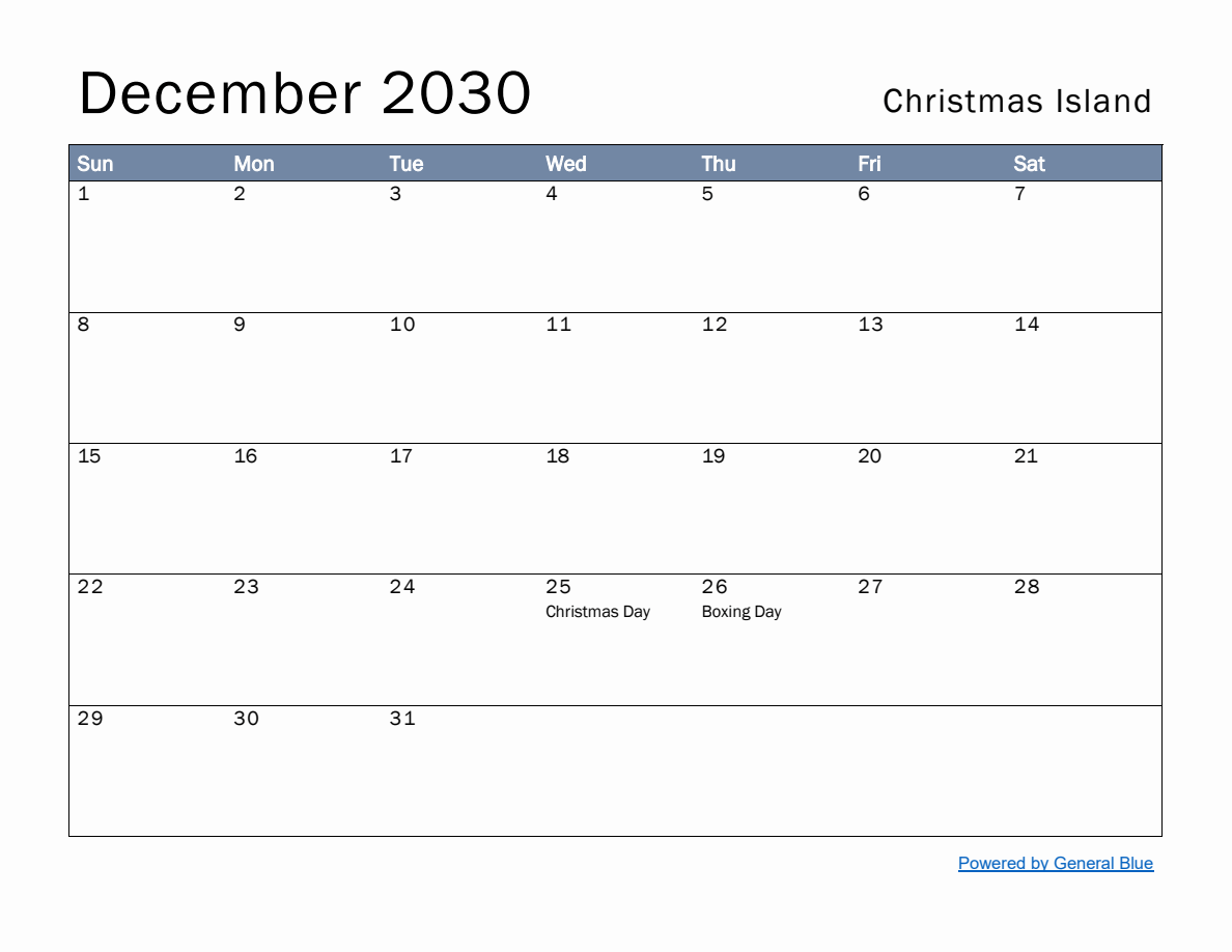 Free Monthly Calendar Template for December 2030 with Christmas Island ...