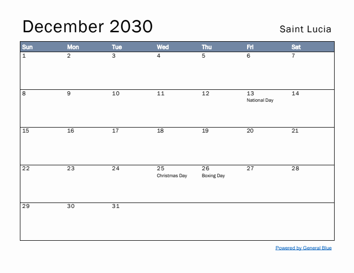 December 2030 Simple Monthly Calendar for Saint Lucia