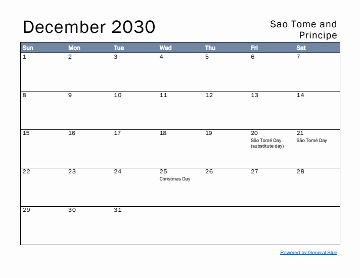 December 2030 Simple Monthly Calendar for Sao Tome and Principe