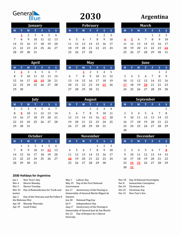 2030 Argentina Holiday Calendar