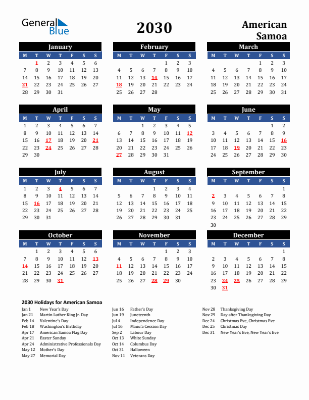 2030 American Samoa Holiday Calendar