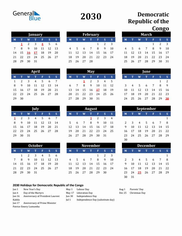 2030 Democratic Republic of the Congo Holiday Calendar